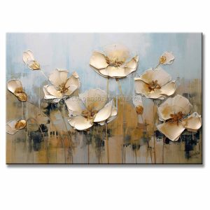 Cuadro de flores en la mañana pintado a mano en acrílico con relieve táctil. Diseño moderno de 120x80 cm en tonos azul y ocre para decorar salas.