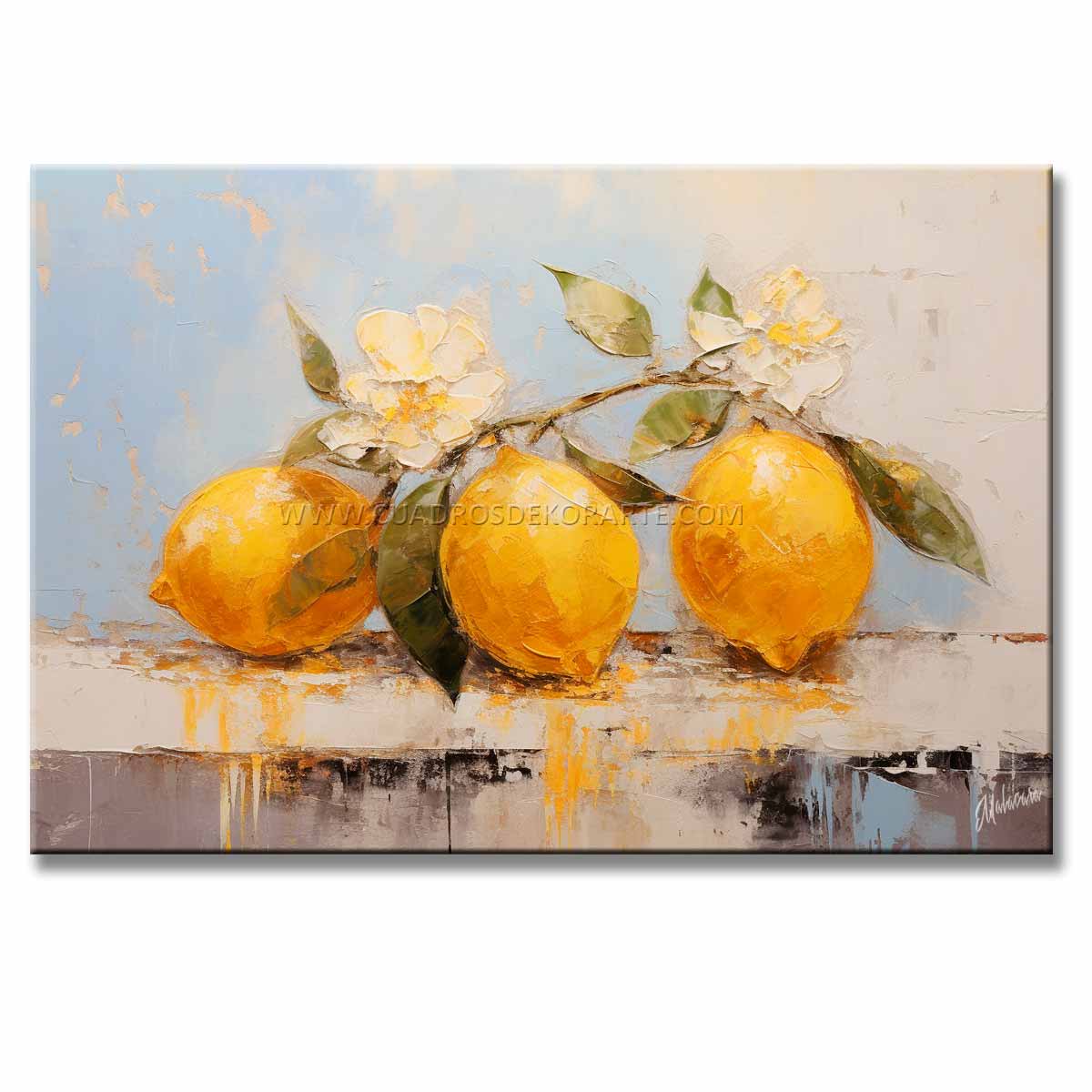 Cuadro de limones pintado a mano en acrílico con relieve táctil. Diseño moderno en amarillo, azul y blanco, ideal para decorar comedores.