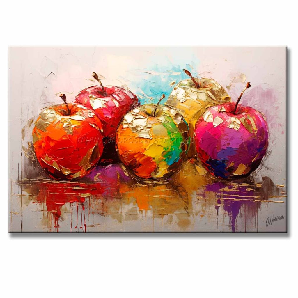 Cuadros decorativos en acrílico de Manzanas pintado a mano en color rojo, morado y amarillo con dorado cuenta con relieve táctil.