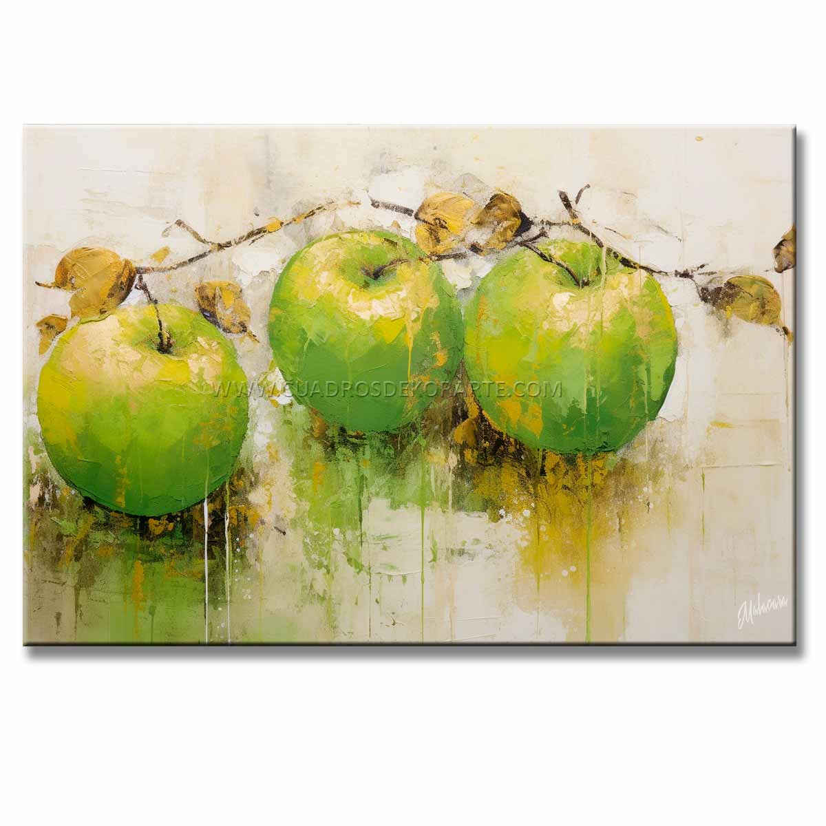Cuadro de manzanas verdes pintado a mano en acrílico con relieve táctil. Diseño moderno de 120x80 cm en gris, verde y blanco para decorar comedores.