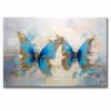 Cuadro de mariposas azules pintado a mano en acrílico con relieve táctil. Diseño moderno de 120x80 cm en azul, blanco y dorado para salas.