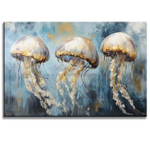 Descubre nuestra hermoso cuadro de medusas en colores azul y dorado. Ideal para decorar tu hogar con un toque único y artístico.