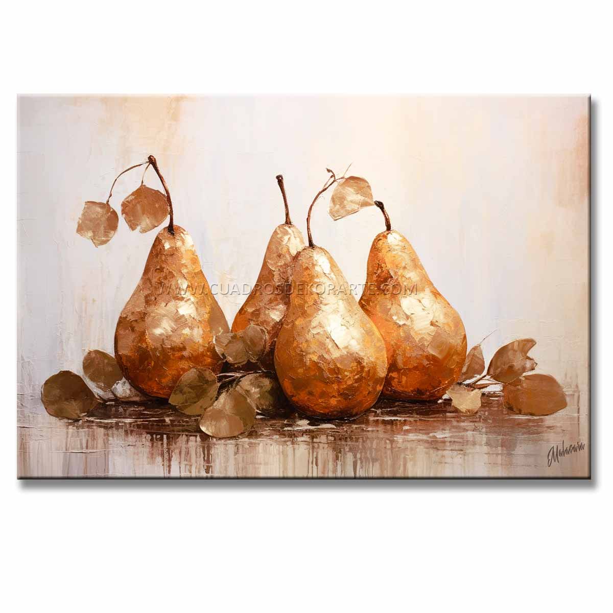 Cuadro de peras pintado a mano en acrílico con relieve táctil. Diseño moderno en dorado, gris y ocre, ideal para decorar comedores elegantes.