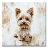 Cuadro de perro pequeño pintado a mano en acrílico con relieve táctil. Diseño moderno en blanco y ocre, ideal para decorar salas con estilo.