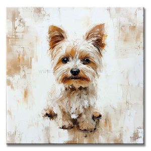 Cuadro de perro pequeño pintado a mano en acrílico con relieve táctil. Diseño moderno en blanco y ocre, ideal para decorar salas con estilo.