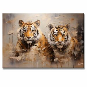 Compra un cuadro de tigres de bengala pintado a mano con relieve táctil. Diseño moderno de 120x80 cm para decorar salas con fuerza y elegancia.