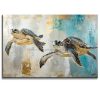 Cuadro de tortugas de mar pintado a mano en acrílico con relieve táctil. Diseño moderno de 120x80 cm en gris, verde y ocre para decorar salas.