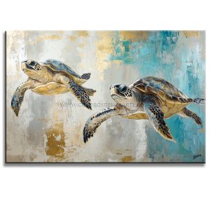 Cuadro de tortugas de mar pintado a mano en acrílico con relieve táctil. Diseño moderno de 120x80 cm en gris, verde y ocre para decorar salas.