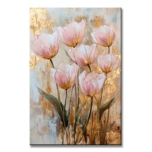 Decora tus escaleras con un cuadro de tulipanes pintado a mano. Diseño moderno con relieve táctil de 120x80 cm en tonos rosa, gris y dorado.