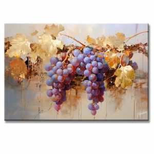 Cuadro de uvas pintado a mano en acrílico con relieve táctil. Diseño moderno en azul, dorado y ocre, ideal para decorar comedores elegantes.