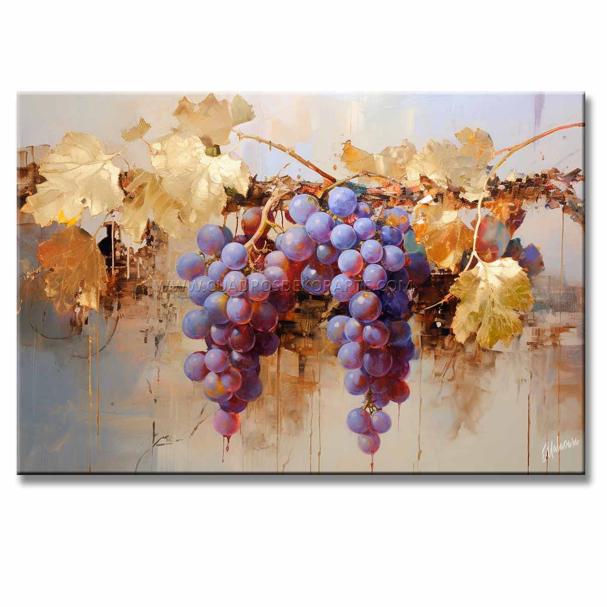 Cuadro de uvas pintado a mano en acrílico con relieve táctil. Diseño moderno en azul, dorado y ocre, ideal para decorar comedores elegantes.