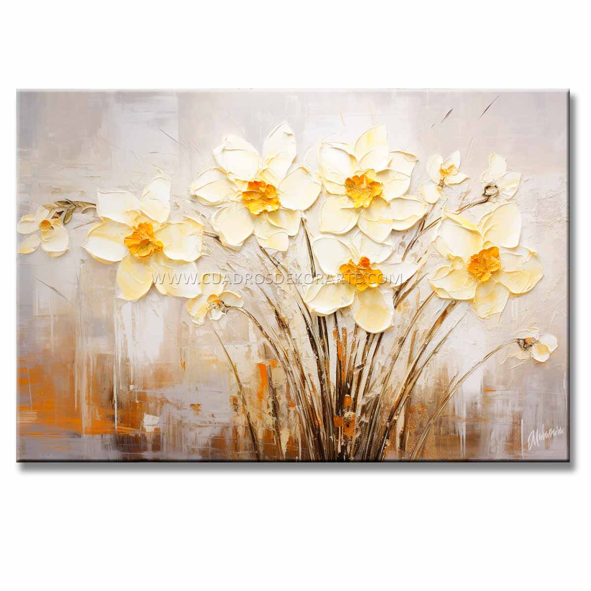 Decora tu sala con un cuadro flor de narciso pintado a mano. Diseño moderno con relieve táctil de 120x80 cm en tonos blanco, gris y ocre.