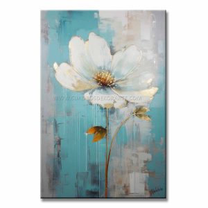 Cuadro flor esperanza pintado a mano en acrílico con relieve táctil. Diseño vertical moderno de 120x80cm. cm en blanco, gris y azul para escaleras.