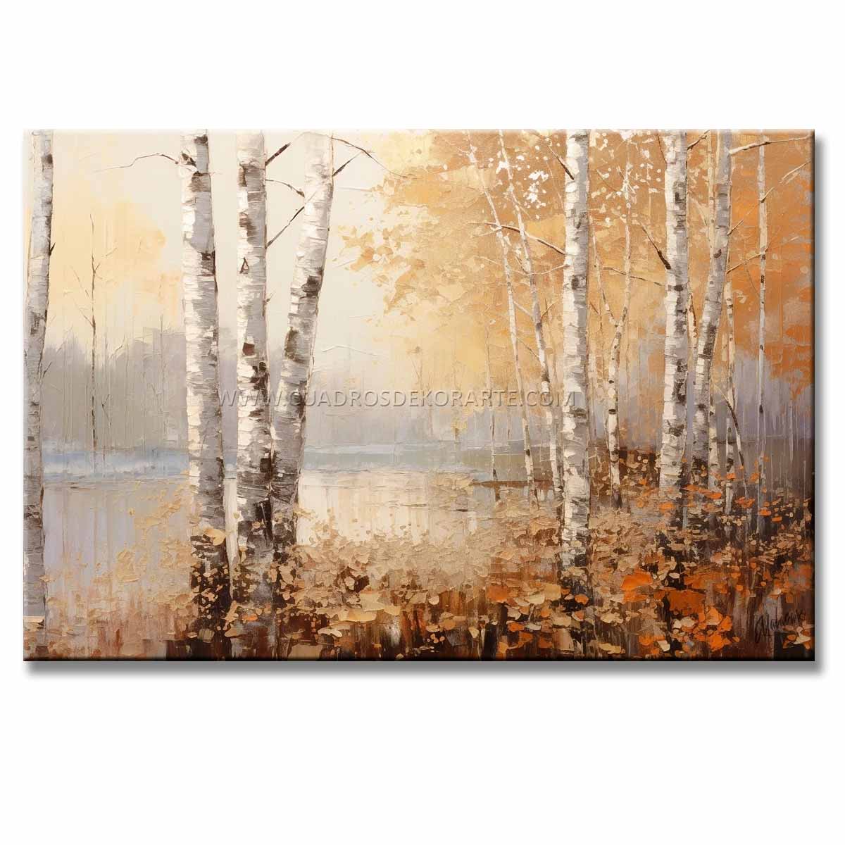 Pintura de arboledas pintada a mano en acrílico con relieve táctil. Cuadro moderno de 120x80 cm en blanco, ocre y gris, ideal para decorar salas.
