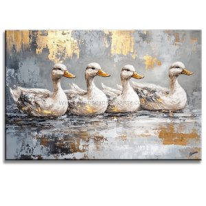 Pintura de patos pintada a mano en acrílico con relieve táctil. Cuadro moderno de 120x80 cm en gris, blanco y dorado, ideal para decorar salas.