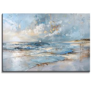 Pintura de playa al amanecer pintada a mano en acrílico con relieve táctil. Diseño moderno en azul, gris, dorado y ocre para decorar salas.
