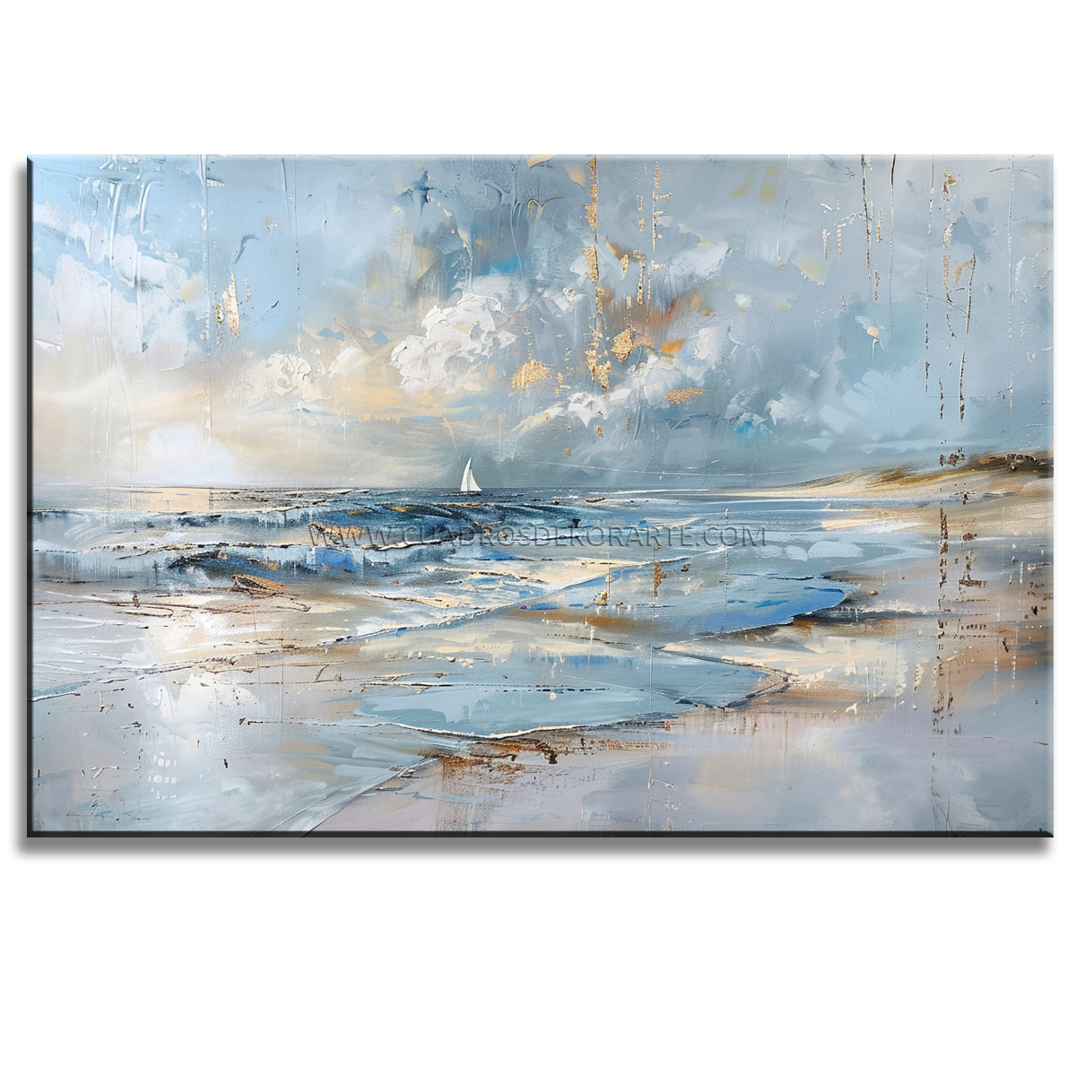 Pintura de playa al amanecer pintada a mano en acrílico con relieve táctil. Diseño moderno en azul, gris, dorado y ocre para decorar salas.