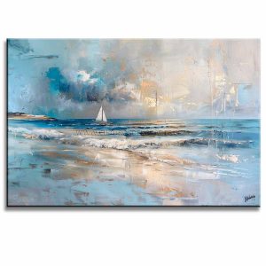 Pintura del mar azul pintada a mano en acrílico con relieve táctil. Diseño moderno en azul, gris, dorado y ocre, ideal para decorar salas.