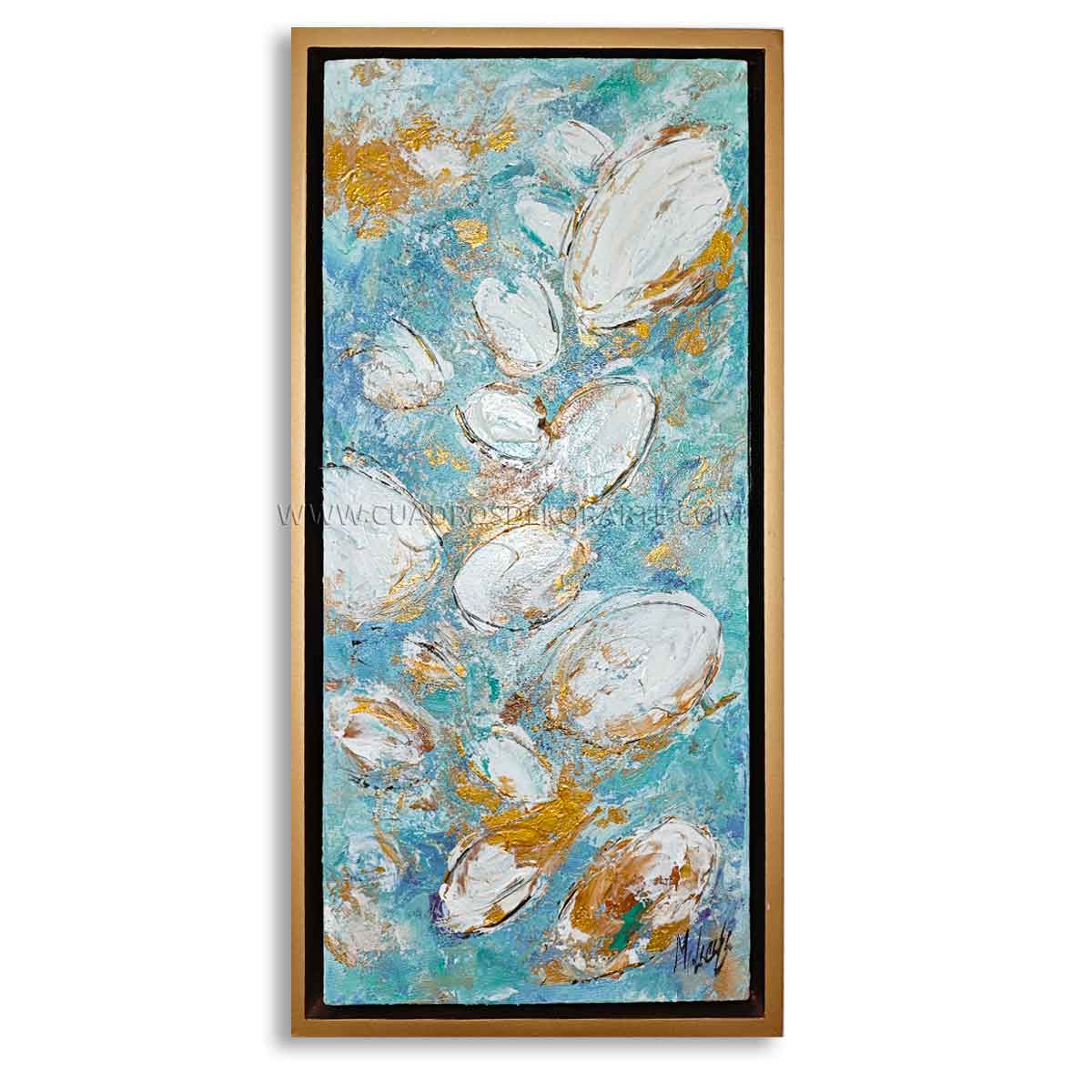 cuadro conchas marinas estilo abstracto pintado a mano con relieve táctil y marco color dorado
