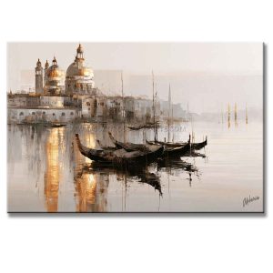 Cuadros de Venecia pintada a mano en acrílico con relieve táctil. Diseño moderno en blanco, gris y dorado, ideal para decorar salas con elegancia.