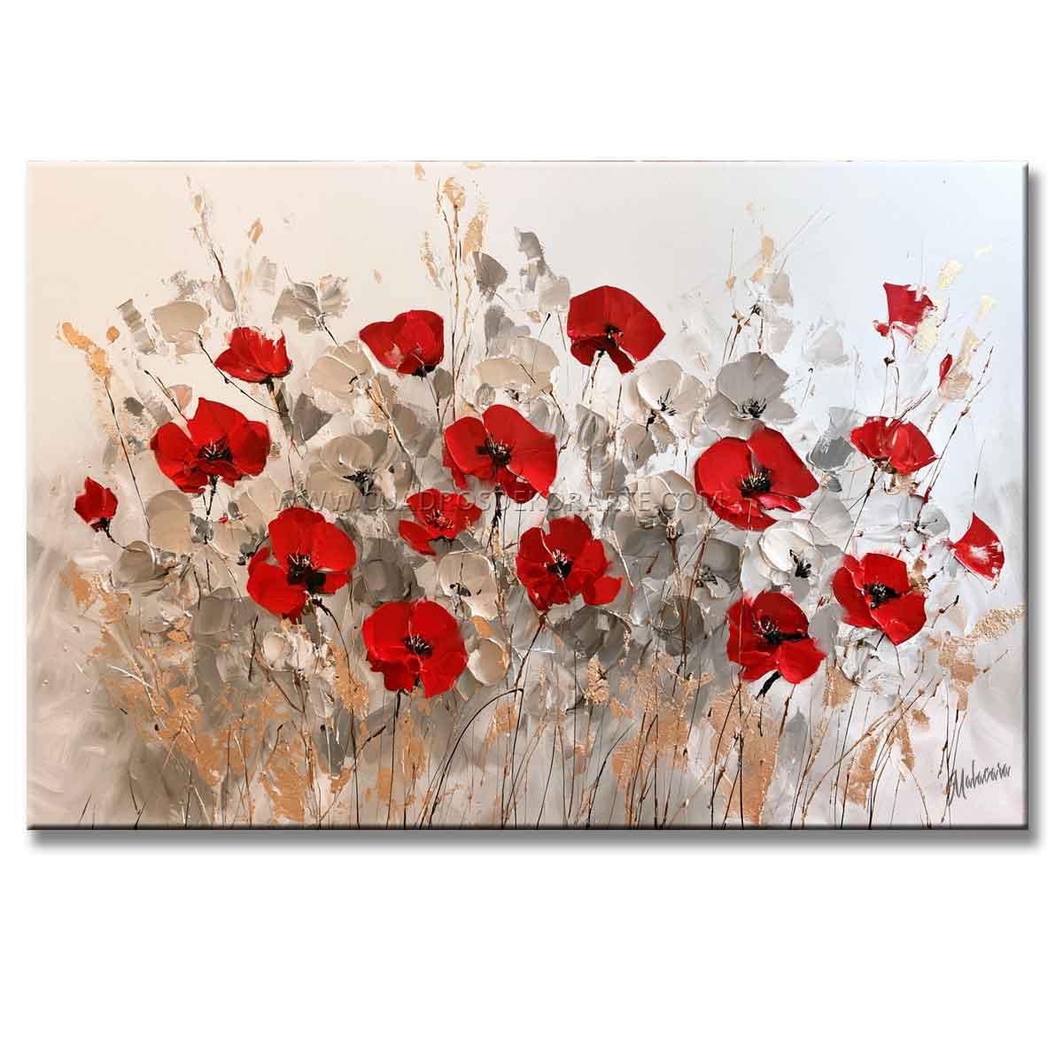 cuadros de flores rojas pintado mano en acrílico en colores blanco, gris y rojo, en medida de 120x80cm.