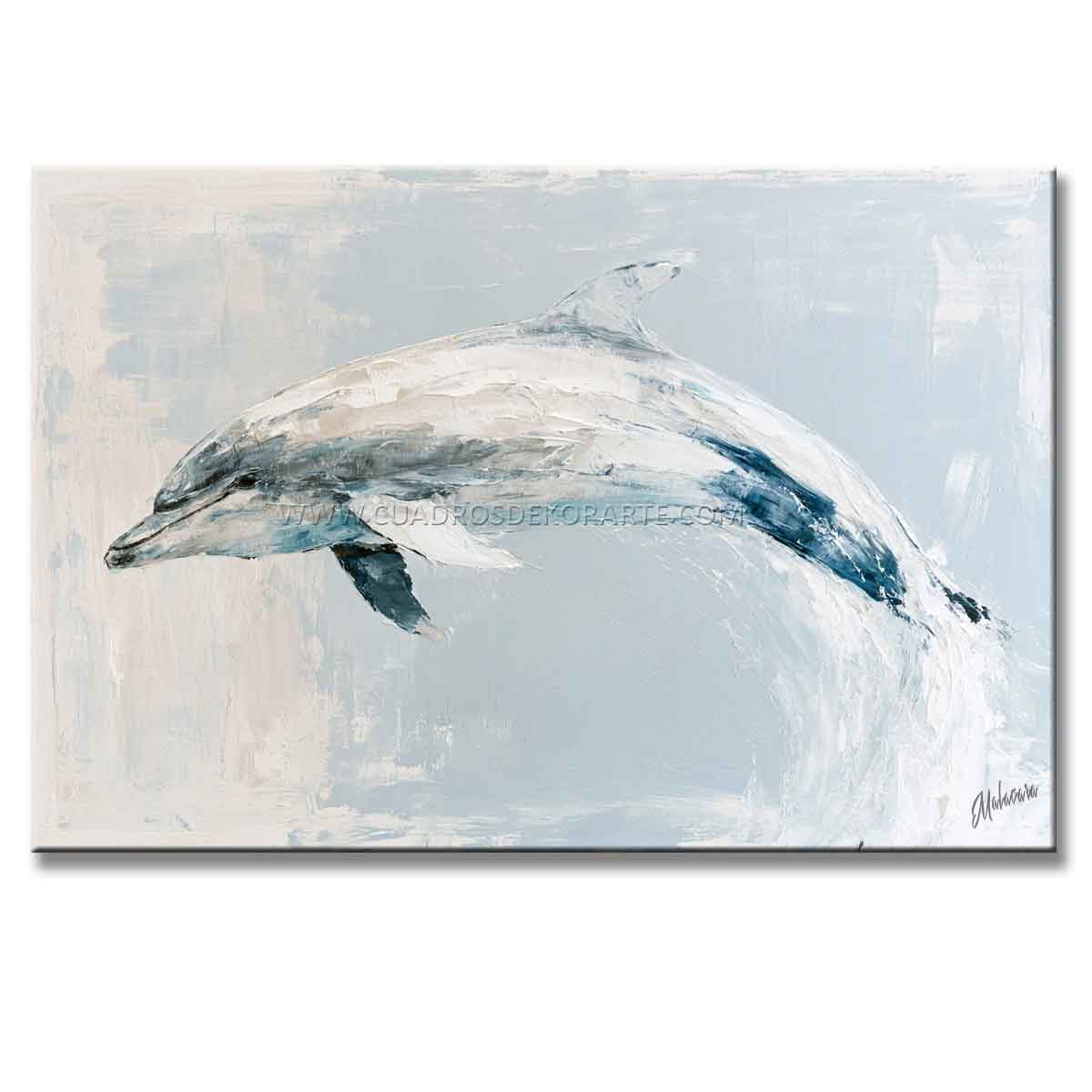 cuadros de delfines pintado a mano en acrílico sobre lienzo en medida de 120x80cm.