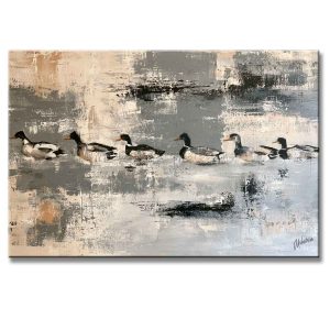 Cuadros de patos pintado a mano en acrílico color blanco, gris y ocre en medida de 120x80cm.