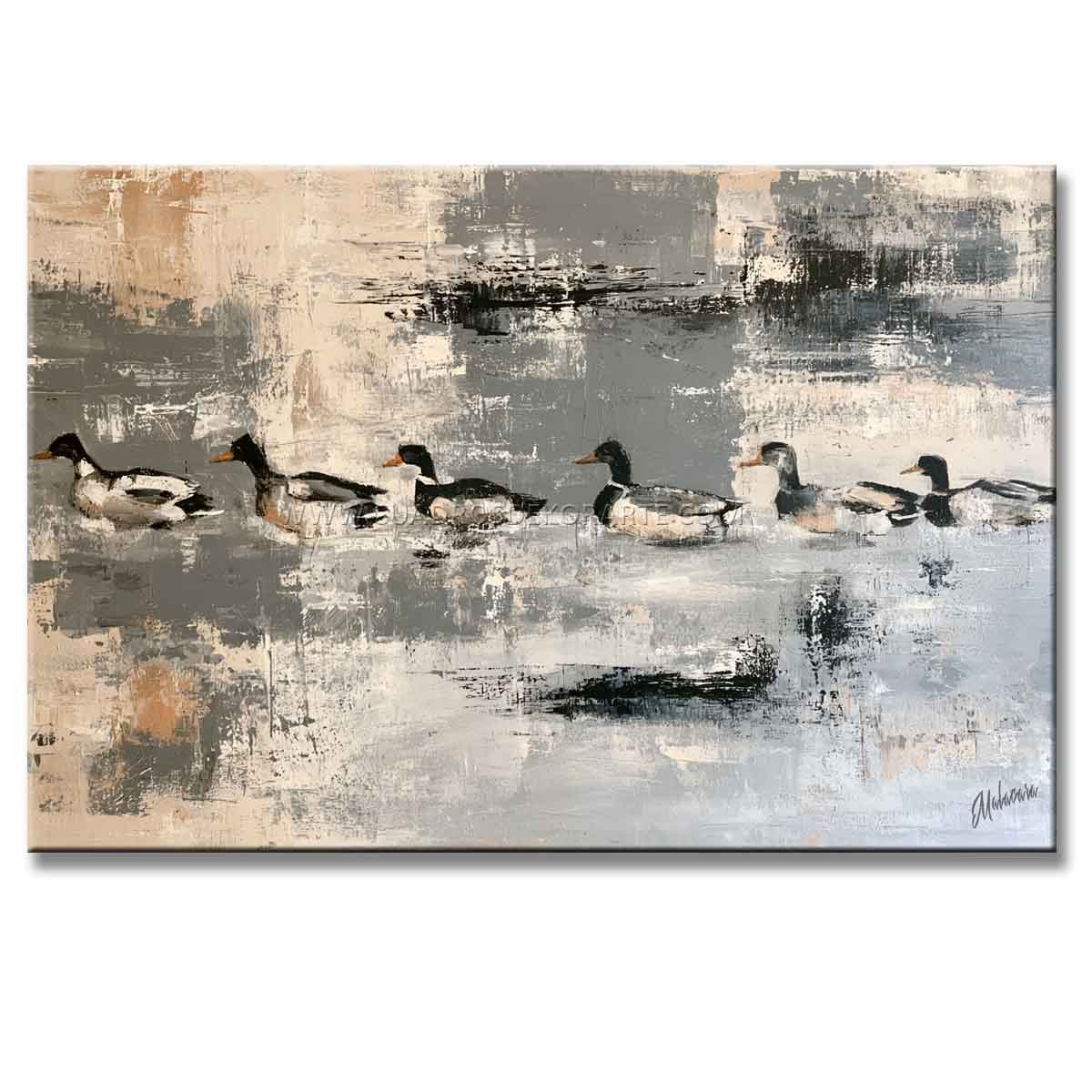 Cuadros de patos pintado a mano en acrílico color blanco, gris y ocre en medida de 120x80cm.