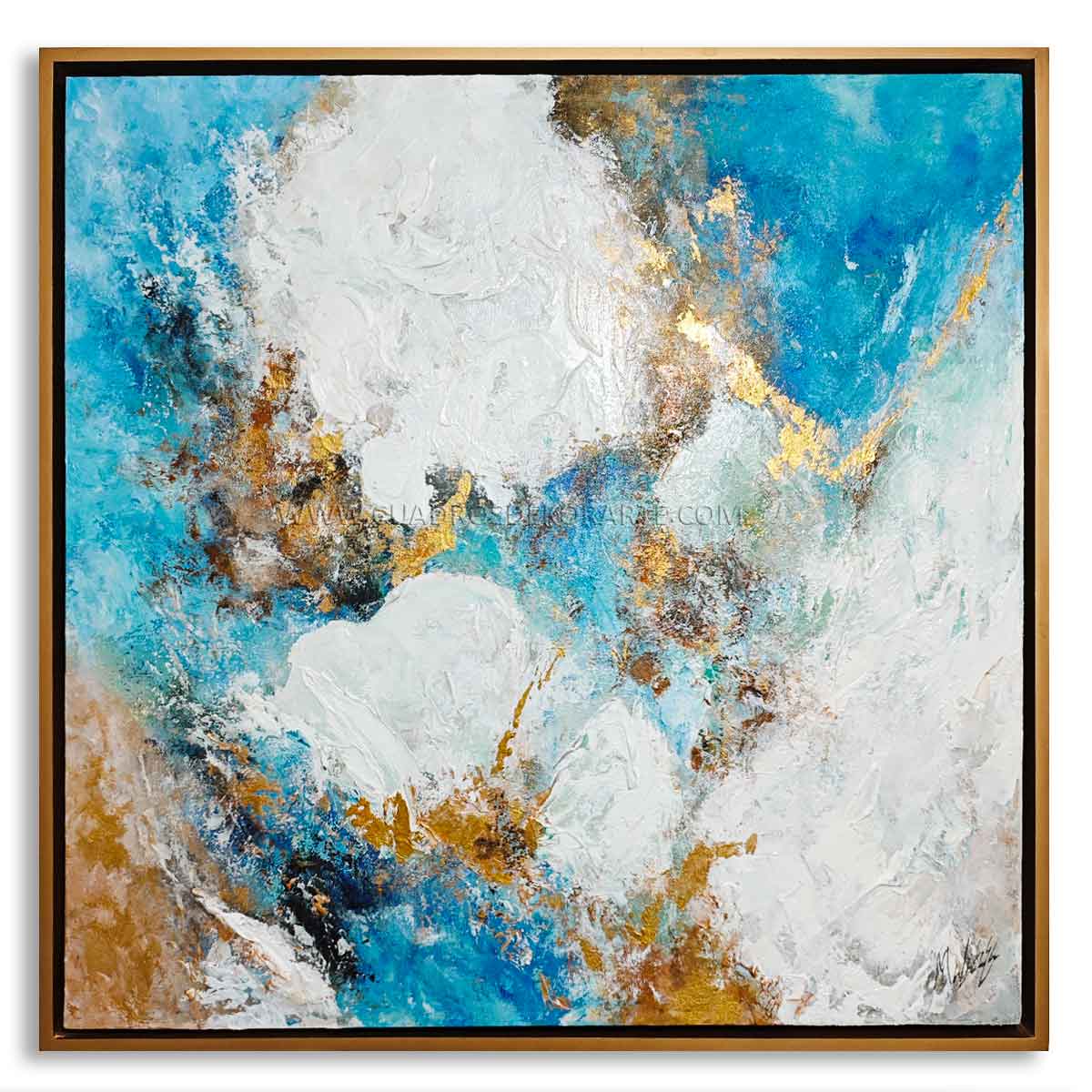pintura abstracta essencial pintado a mano en acrílico con relieve y marco color dorado