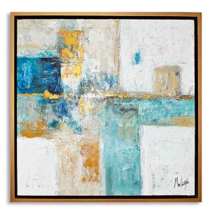 pintura abstracta mosaico acua pintado a mano en acrílico con relieve táctil y marco color dorado