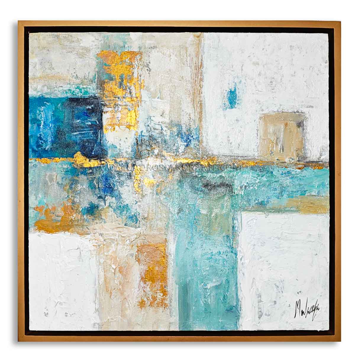 pintura abstracta mosaico acua pintado a mano en acrílico con relieve táctil y marco color dorado